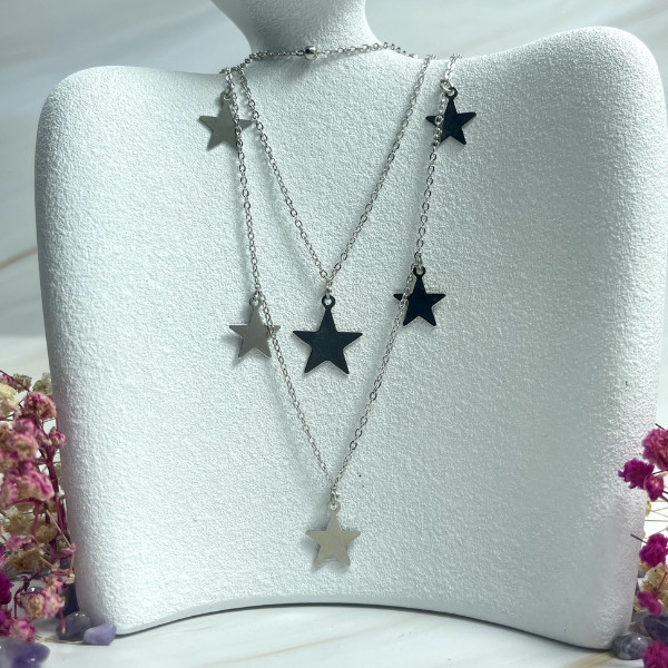 Silver Gold Long Layered Necklace Adorned with Dangling Star Pendants
